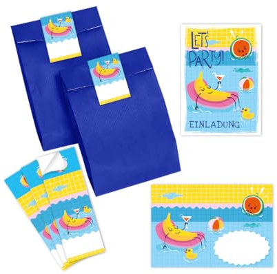 Minkocards 12 Einladungskarten zum Kindergeburtstag Schwimmbad Schwimmen Jungen Mädchen Einladung Jungsgeburtstag Mädchengeburtstag incl. 12 Umschläge, 12 Partytüten/blau, 12 Aufkleber