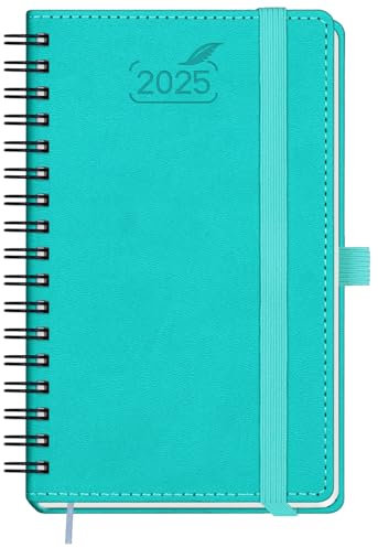 BEZEND Taschenkalender 2025 Klein Ringbuch 15,5 x 9 cm | Kalender 2025 Buchkalender 1 Woche 2 Seiten mit 100 g/m² Papier | Terminplaner 2025 Wochenplaner A6 mit PU-Leder Softcover - Türkis