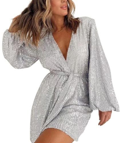 Odizli Jumpsuit Damen Elegant Glitzer Pailletten Langarm V-Ausschnitt Kurz Overall Strampler Playsuit Frauen Hochzeitsgäste Festlich Hochzeit Party Hosenanzug Festival Rave Outfit Silber XL