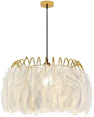 Nordic Simple Chandelier White Feather Shade Gold Color Wrought Cage,Single Head E27 Hanging Lamp Ceiling Pendant Light For Living Room,Bedroom,Hotel Bar,L