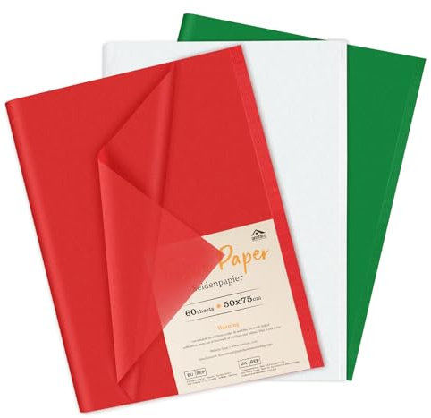 Anstore Seidenpapier Bunt 50 x 75cm, 60 Blatt Dreifarbiges Transparentpapier Seidenpapier Verpackungsmaterial, Rot Grüne Weiß Seidenpapier, Bastelpapier für Geburtstag Hochzeit Weihnachten Dekoratione