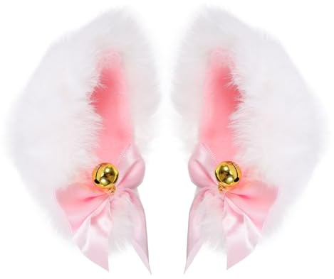 Cosplay Haarnadel mit Katzenohren, 1 Paar, Imitationskaninchenhaar | Weiß, Glocke Am Clip, Realistischer Look, Bequemer Sitz, für Halloween und Cosplay