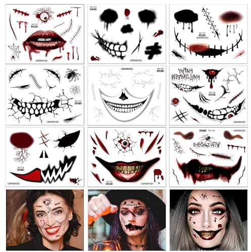 Kinwers Halloween Tattoo Gesicht,9 Blätter Halloween Sticker Temporäre Tattoos Skelett Zombie Clown Teufel und Hexen Mund Accessoires