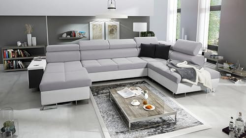 All4All Ecksofa mit Schlaffunktion Margo VI 360x221 cm - Schlafsofa mit Bettkasten - Wohnlandschaft in U-Form - XXL Sofa - Seite Links - Gewebe mit Kunstleder - Hellgrau/Weiß - Modern 26