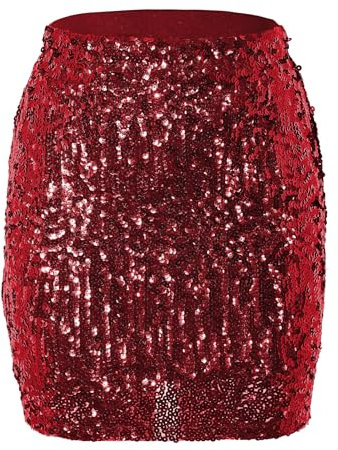 Durio Pailettenrock Für Damen Glitzer Rock Kurz Damen Sexy Midi Skirt Hüftrock mit Elastische Taille Party Rave Outfit Rot S