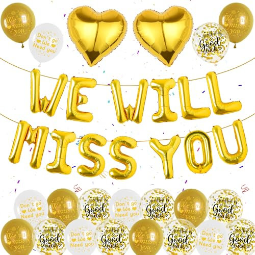 We Will Miss You Dekorationen – Goldenes Ballon-Banner für den Ruhestand, enthält Buchstaben, Folienballons, Glücksballons für Abschied, Abschluss, Ruhestand, Büro, Arbeit, Partyzubehör