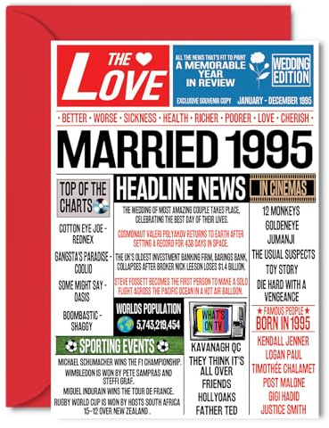 Biglietti di auguri per il 30° anniversario di matrimonio, per uomini e donne, con giornale sposato del 1995, per marito, moglie, fratello, sorella, zia, zio, vintage, retrò, 1995, 12,7 x 17,8 cm