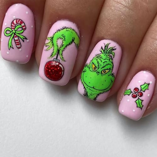 TELAIN Ongles artificiels courts carrés de Noël, roses, avec monstre vert et motif de canne à sucre d'orge, faux ongles d'hiver pour femmes et filles