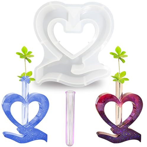Tuxuzal Stampo in silicone a forma di cuore, per resina epossidica, fai da te, con provetta, in silicone, con mani, per decorazioni in gesso, artigianato in resina, vasi idroponici, regalo romantico