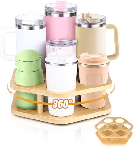 ByNaRIX Organizador de botellas de agua para vaso Stanley, organizador giratorio de tazas Stanley con 7 ranuras para armarios de cocina, soporte de madera para accesorios de taza Stanley