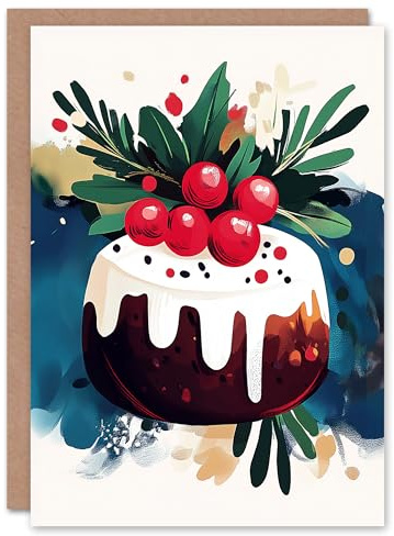 Artery8 Decorated Pudding Cake Bold Modern Painting Blank For Him Or Her Art Christmas Card