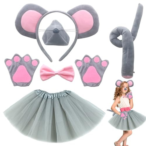 7pcs Mouse Costume Set,Rat Costume with rat ears Headband,Nose Tail and Bow Tie,Tutu Skirt,Mouse Gloves,Mouse Outfit Animal Fancy Dress Party Supplies