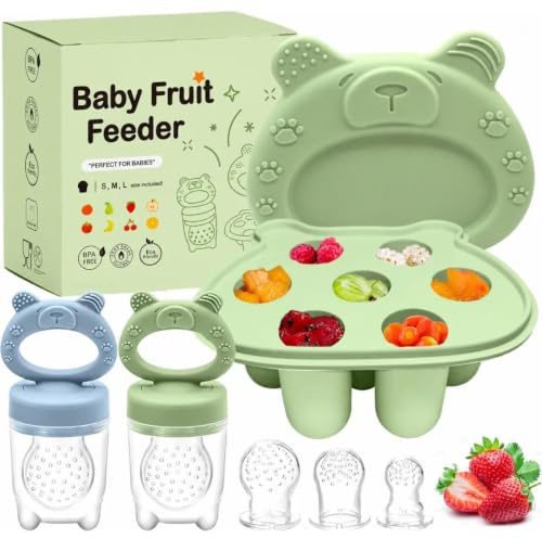 Baby Fruit Feeder Set, Includes 2 Food Dummy Feeders with 3 Size Nipples, Silicone Feeder(Blue Green) for Babies, Pacifier & Storage Containersr