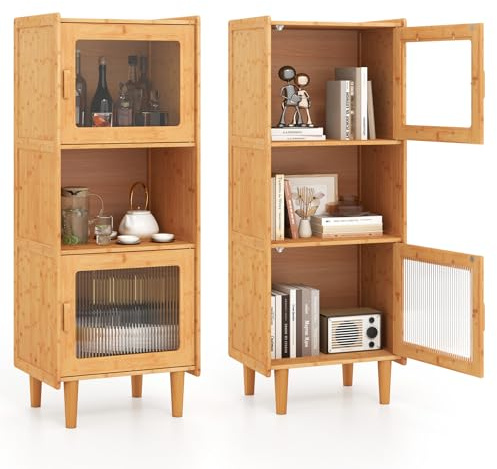 COSTWAY Armadietto da Cucina a 3 Ripiani con 2 Ante in Acrilico Trasparente | Credenza Espositore in Bambù Salvaspazio, Libreria Vetrina per Studio e Soggiorno, 49,5 x 40 x 130 cm, Naturale