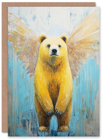 Artery8 Greeting Card Cute Yellow Bear With Angel Wings Oil Painting Blank For Him Or Her Art Birthday Card