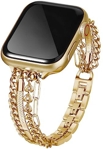 V.R.HOPE Ersatzarmband Kompatibel mit Apple Watch Armband 42mm(S10) 41mm 40mm 38mm, Damen Metall Edelstahl Kette Armbänder für iWatch Armbänder Series 10 9 8 7 6 5 4 3 2 1 SE-(Gold)