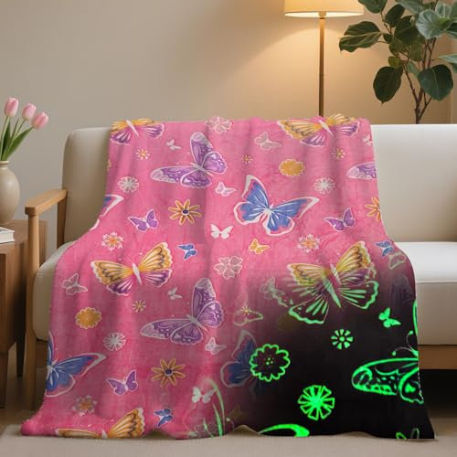 HZVRTN Kuscheldecke Kinder Einhorn/Dinosaurier/Weltraum Decke, kuscheldecke leuchtet im Dunkeln, warme Decke Flauschige Geschenke für Jungs mädchen Sofa Kinderdecke (Schmetterling, 130x150cm)
