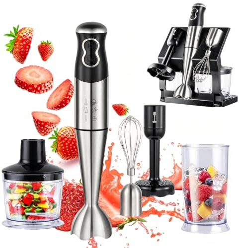 Blender à main, 5 en 1 mélangeur à bâton électrique Processeur alimentaire avec bâton de mélange fouet chopper de 600ml verre de 700ml et stand deux contrôles de vitesse
