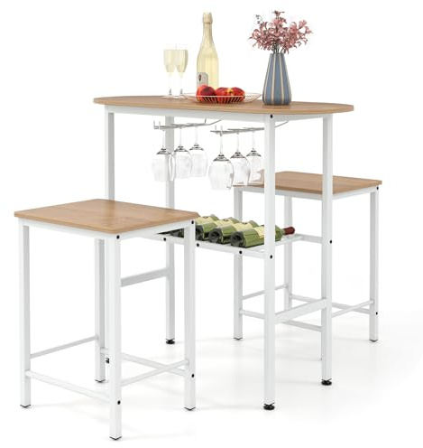 GIANTEX Bartisch mit Barhocker Set, Bartisch Küche, Küchentheke mit Weinregal & Glashalter, Essgruppe für 2 Personen, Esstisch Küchentisch Esszimmertisch mit Hocker Set, Esszimmergruppe Sitzgruppe
