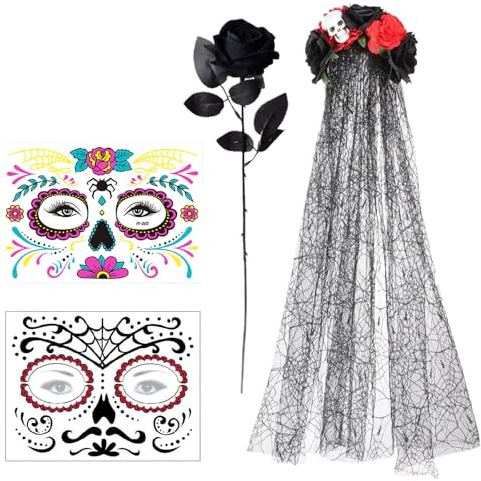 Halloween Kostüm, Dia De Los Muertos Kostüm Damen | Halloween Haarreif & Halloween Gesicht Tattoos, Künstliche Blumen Rose Day of The Dead Kostü Damen Accessoires