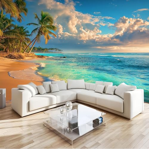 Feuchtigkeitsbeständig Fototapete 250 x 175 cm, Schön Strand Meer Palmen muster Vlies Wandtapete Tapeten, Farbe Wohnzimmer Studienkorridor Wand Dekoration
