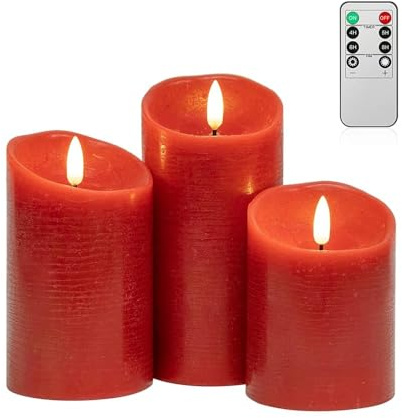 NOXINDA Rote LED Kerzen 3er Set mit Fernbedienung | Flammenlose Stumpenkerzen mit 3D-Flamme, Timer, dimmbar, 10,2/12,7/15,2 cm, für Geburtstag, Dinner und Wohnzimmer