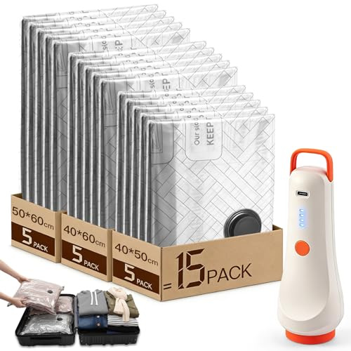 Sac de Rangement Sous Vide Vetement Voyage avec Pompeà vide sans fil, Lot de 15 Sac Compression Vacuum Storage Bags(5* 40x50/5* 40x60/5* 50x60cm) Housse Aspirable Poche pour Maison et Bagages Travel