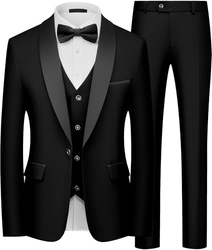 QUELDRA Abito Uomo Slim Fit 3 Pezzi, Elegante Smoking con Bavero a Scialle e 1 Bottone, Completo da Cerimonia per Matrimonio Sposa e Gala Giacca, Gilet e Pantaloni Nero L