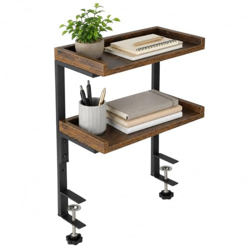 Skdqiee Clamp On Desk Shelf, 2 Tier Desktop Organizer with Dual C Clamps, Wood and Metal Shelving Unit, Above or Under Desk Storage Rack for Office Supplies, Gaming Accessories