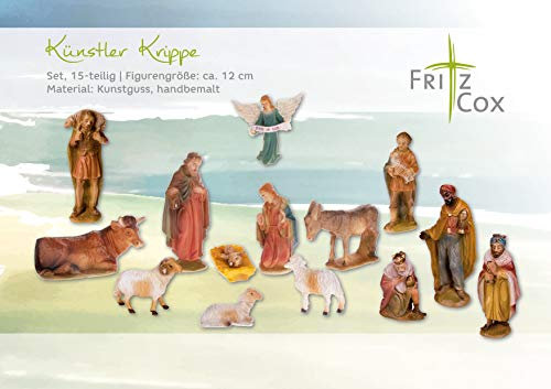 Fritz Cox Künstler Krippen-Set | 12 cm | 16 teilig, handbemalt vom Designer Karl Van Meegen | kompletter Weihnachts-Krippen-Satz | für EIN wunderschönes Weihnachtsfest