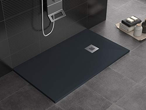 Piatto doccia color antracite, in mineralmarmo, superficie ad effetto pietra ardesia, serie Lion, slim 3 cm, rivestito di Gelcoat, antiscivolo