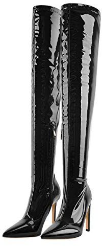 Only maker Damen Overknees Stretch Stiefel Stiletto Absatz Lack Optik Schwarz 45 EU