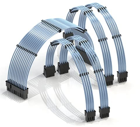 LINKUP - 30cm Netzteilkabelverlängerung 18AWG Sauerstofffreies Kupfer Teflonmantel Custom Mod GPU PC mit Kamm-Kit | 1x 24 P (20+4) | 2X 8 P (4+4) CPU | 2X 8 P (6+2) GPU Set | 300mm - Blau