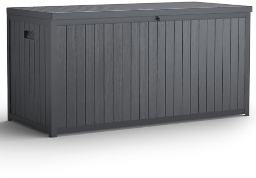 Fellie Lockable Outdoor Storage Box, Waterproof, Large Plastic Box for Garden Tools, Cushions, Toys, 125x56x61.5 cm, 430L (Grey)