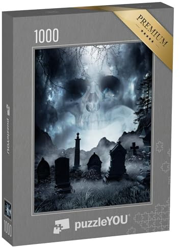 puzzleYOU: Puzzle 1000 Teile „Nachtszene mit Nebel und Grabsteinen, Totenkopf im Hintergrund“ – aus der Puzzle-Kollektion Gothik