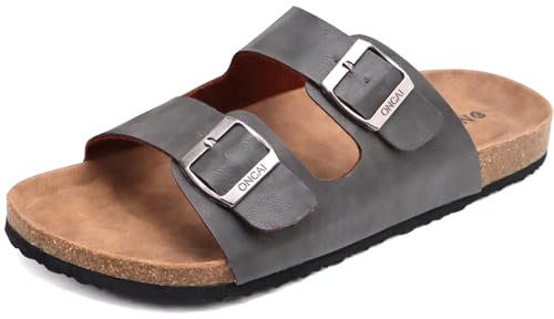 ONCAI Men's Slide Sandals with Two Adjustable Straps Cork Footbed Open Toe Grey Size 9.5 UK Casual Mules Slides Non Slip Rubber sole
