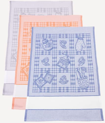 Filet - Set di 3 Strofinacci per Cucina in Jacquard con Inserto in Tela Aida Ricamare, Made in Italy, Disegno Presine, Colore Grigio, Arancio e Blu