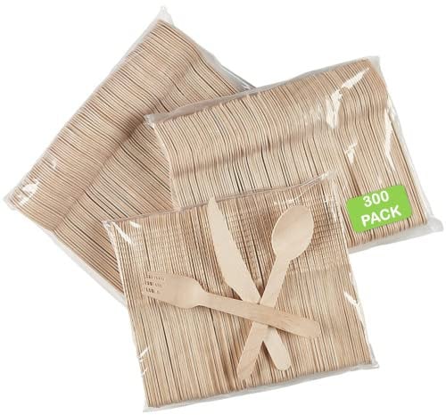 DEcorative Concepts UK Set of 300 Disposable Wooden Cutlery Spoons Forks Knives Set Biodegradable Eco Friendly 100% Birch Wood-Sturdy, Christmas, Parties, BBQ, Picnic,s Birthdays, Wedding
