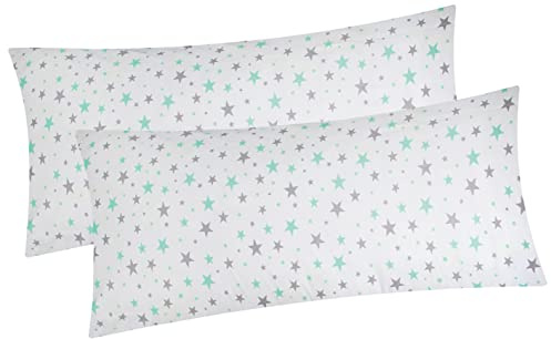 Renforcé Kissenbezug - 2er Set 40x80cm - Sterne grün grau (KY-640/1-40x80) | Kopfkissen-Bezug, Kissenhülle, Dekokissenbezug aus 100% Baumwolle, Reißverschluss
