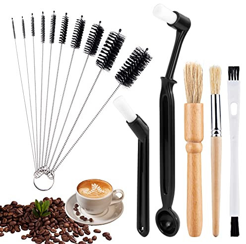 Cepillo de Limpieza Café 16 Piezas Cepillo Cafetera Mango Pesado de Madera y cerdas Naturales Cepillo de Limpieza para Hogar Cocina Herramienta de Barista con Cuchara