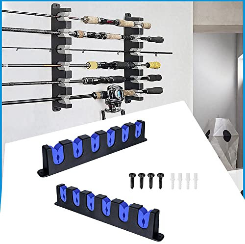 condinggen Supports de canne à pêche, 1 paire de supports muraux pour canne à pêche, supports horizontaux pour 6 cannes à pêche pour mur, garage, bateau, gadgets de pêche, bleu