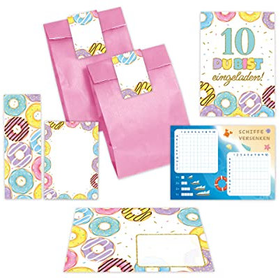 Minkocards 12 Einladungskarten zum zehnten Kindergeburtstag 10. Geburtstag Mädchen Donuts incl. 12 Umschläge, 12 Partytüten/rosa, 12 Aufkleber, 12 Lesezeichen, 12 Blöcke, 12 Schiffe versenken
