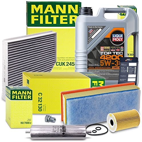 MANN-FILTER Filterset 1x Ölfilter, 1x Kraftstofffilter, 1x Luftfilter, 1x Innenraumfilter, 1x Motoröl 5W-30 5l Kompatibel mit AUDI A4 B8 (8KH)(8K2)(8K5), A5 (8T3)(8F7)(8TA), Q5 (8RB)