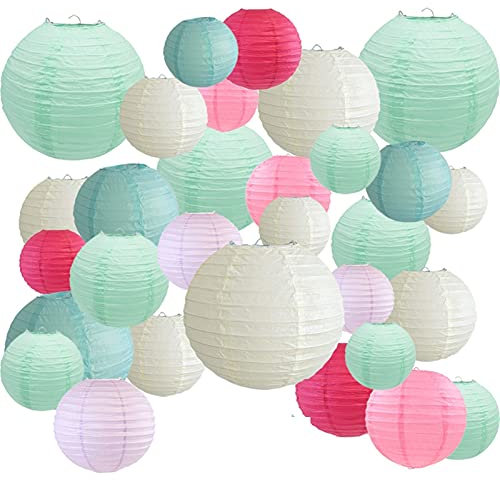 KURTIK Lampions,Lampenschirm Papier 30 stücke Papier Laterne Minze beige gemischt Farbe und größe Papier Ball lampion Hochzeit für Party hängende dekor Favor
