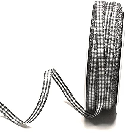 s.dekoda Schleifenband 50m x 6mm Grau - Weiß Karoband Vichykaro gewebtes Dekoband kariert
