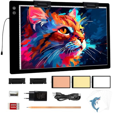Wiederaufladbares A2 leuchttisch,3-Farben-Lichteinstellung, diamond painting Lichtplatten, 6-stufige/stufenlos einstellbare Helligkeit,große light pad mit 2 Clips zum Zeichnen,Skizzieren,Animationen