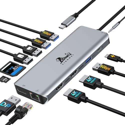 USB-C Docking Station Dual Monitor 2 HDMI, 13-in-1 Triple Display with Dual HDMI, DisplayPort, 5 USB (3.0: 3, 2.0: 2), Ethernet, 100W PD, SD/TF, Audio/Mic, Multiport Adapter for HP, Dell, etc