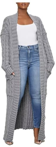 Shuanghao Women's Winter-Warm Fashion-Casual New-Sexy Sweater-Cardigan - Loose Long Sleeve Solid Color Oversized V- Neck Lightweight Cotton Knitwear Chunky Ribbed Pocket Long Coats Ladies UK Grey XL