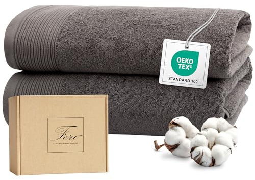 Ferò Set Asciugamani Bagno Grandi di Lusso, 2 Teli Bagno, OEKO-TEX 100% Cotone Premium Low Twist 550 g/m², Telo Doccia Ultra Morbido e Assorbente, Design Italiano, Asciugamani Doccia 70x140cm, Grigio