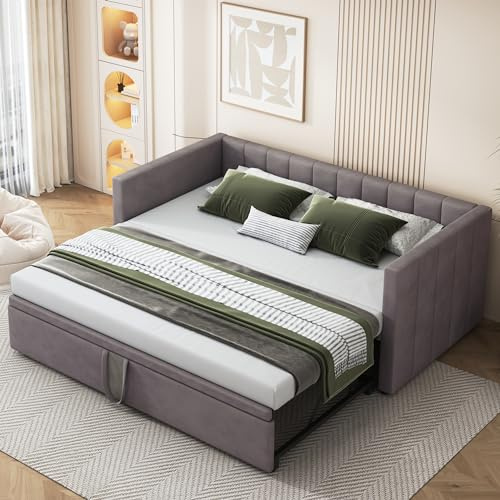 ZYLOYAL10 Polsterbett Ausziehbares Schlafsofa 90/180 * 200 cm mit Lattenrosten, Multifunktionsbett aus hautfreundlichem Samtstoff (Grau)